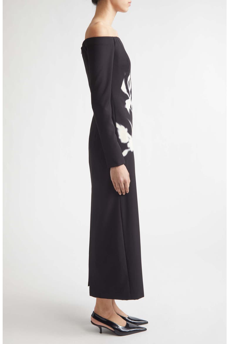 Floral Crepe Off the Shoulder Column Gown, Alternate, color, BLACK