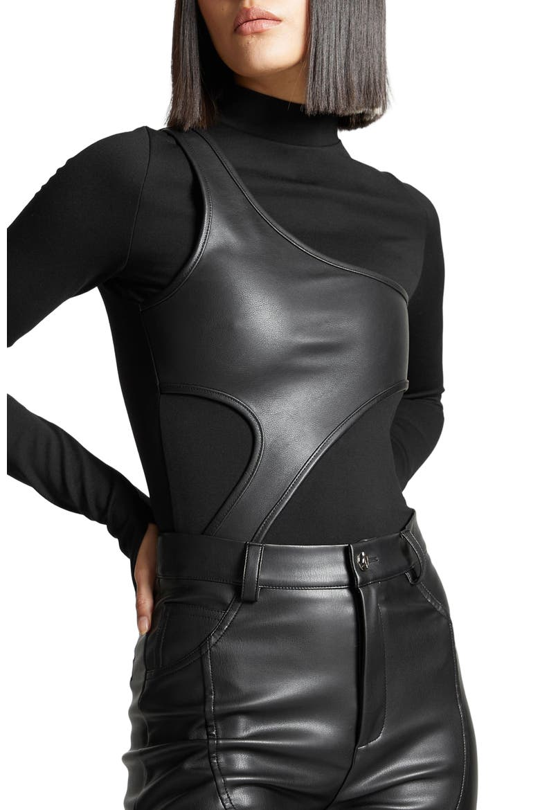 Leather Overlay High Neck Bodysuit, Alternate, color, Black