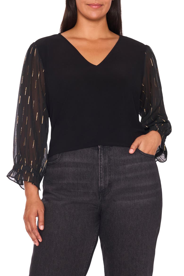 Foil Clip Sleeve V-Neck Mixed Media Top, Main, color, RICH BLACK