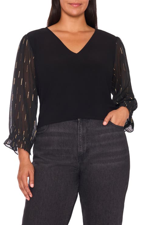 Foil Clip Sleeve V-Neck Mixed Media Top (Plus)
