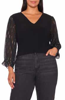 CeCe Foil Clip Sleeve V-Neck Mixed Media Top