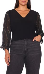 CeCe Foil Clip Sleeve V-Neck Mixed Media Top