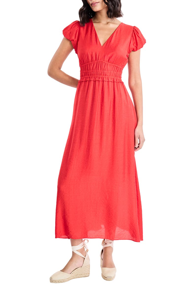 Puff Sleeve Fit & Flare Midi Dress, Main, color, RISK RED