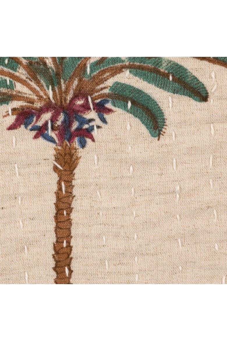 Cotton Linen Blend Block Printed Throw with Palm Trees and Kantha Stitch, Natural, Green and Brown, Alternate, color, Natural