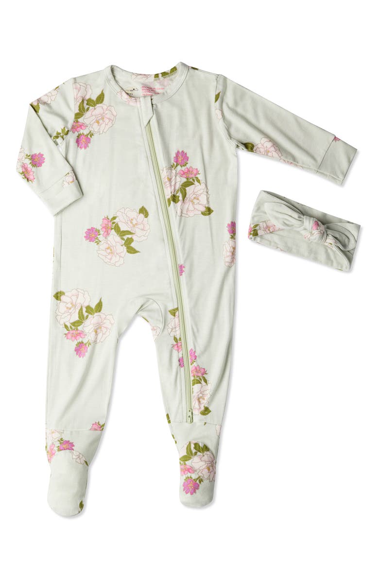 Everly Grey Baby Grey by Everly Grey Print Footie & Headband Set, Main, color, Peony