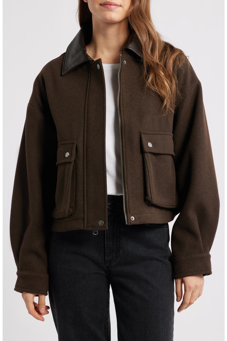 Faux Leather Collar Crop Bomber Jacket, Main, color, ESPRESSO