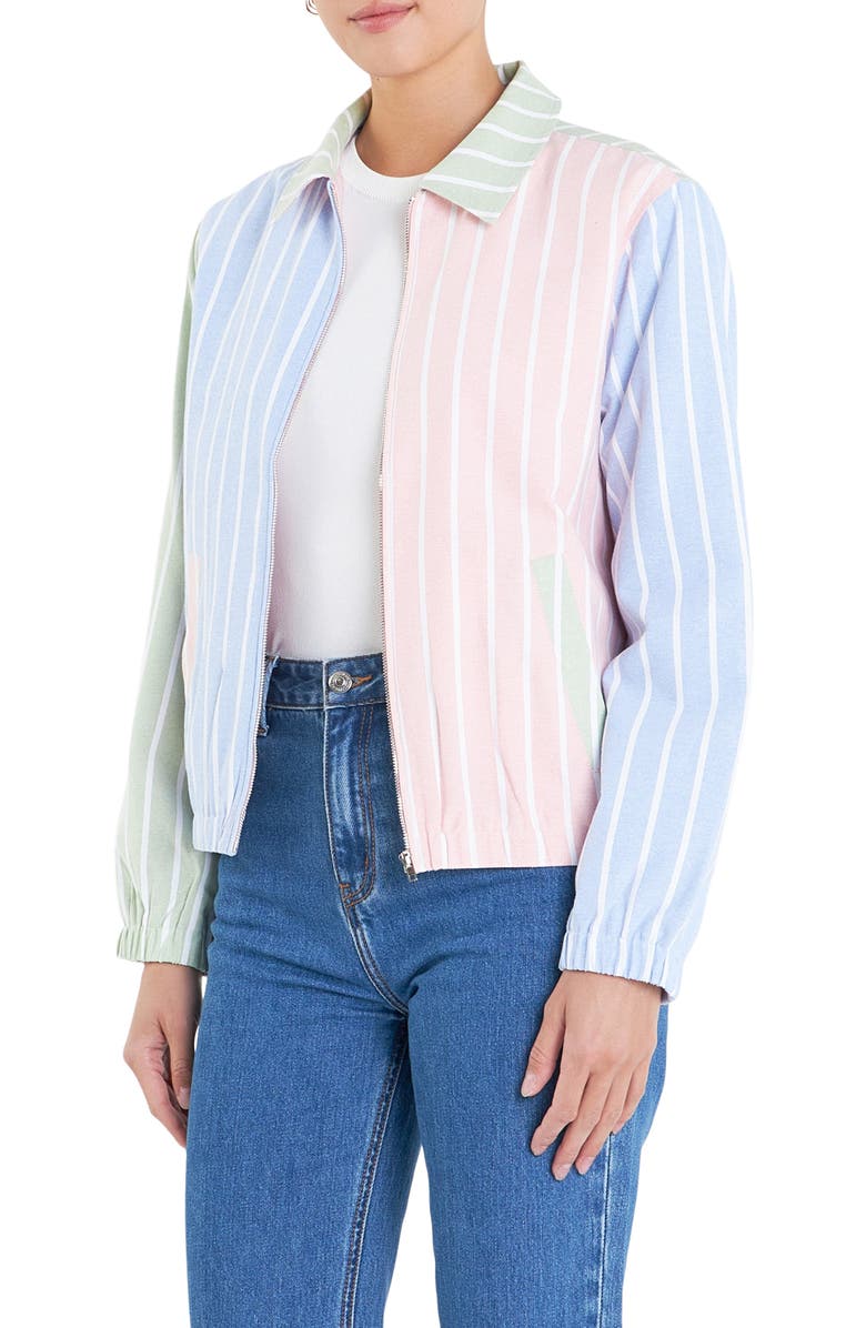 English Factory Sports Club Colorblock Stripe Cotton Blend Zip Jacket, Alternate, color, Green Multi