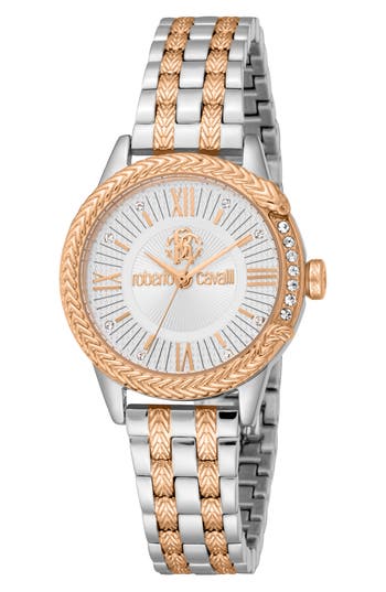 Roberto Cavalli Two-tone Crystal Bracelet Watch, 30mm In Two Tone Silver And Rose Gold