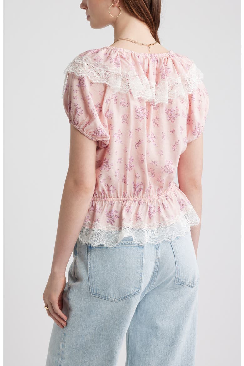 Lace Trim Puff Sleeve Peplum Top, Alternate, color, PINK LAYERED SPRIGS