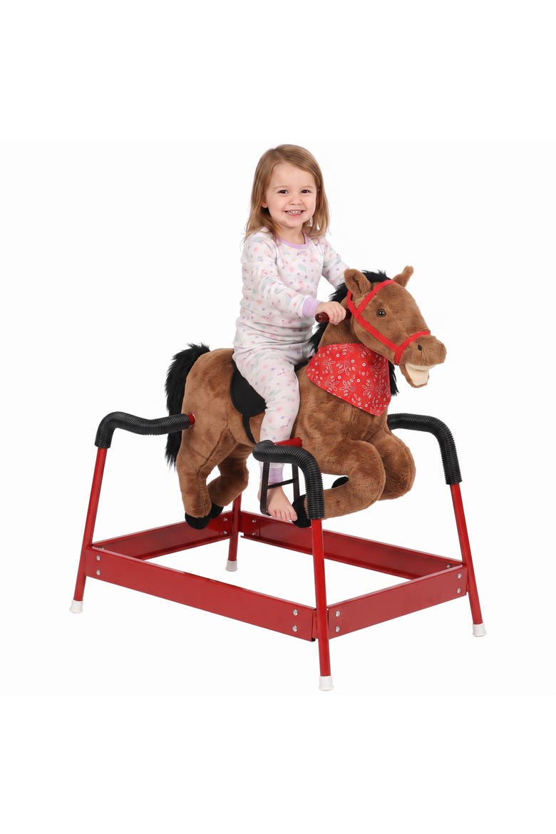 Kids Spring Rocking Horse, Ride on Horse with Neighing Sounds, Plush Animal Ride on Toy with Covered Spring, Wide Base for Ages 3+ Years, Brown, Main, color, brown