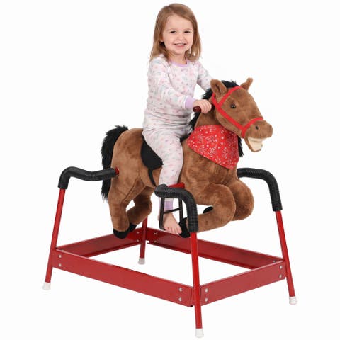 Kids Spring Rocking Horse, Ride on Horse with Neighing Sounds, Plush Animal Ride on Toy with Covered Spring, Wide Base for Ages 3+ Years, Brown