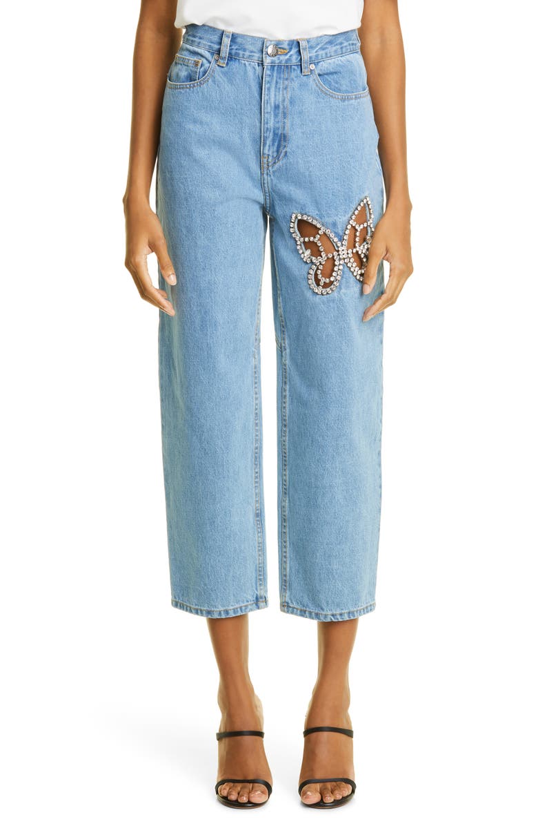 Area Crystal Cutout Butterfly High Waist Crop Straight Leg Jeans, Main, color,