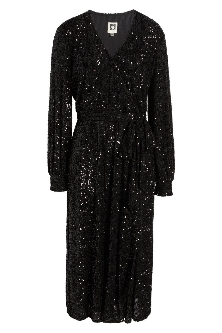 Sequin Long Sleeve Midi Dress, Alternate, color, ANNE BLACK