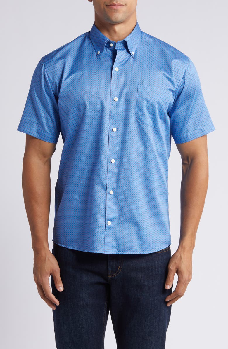 Peter Millar Woodberry Geometric Print Short Sleeve Button-Down Shirt, Main, color,