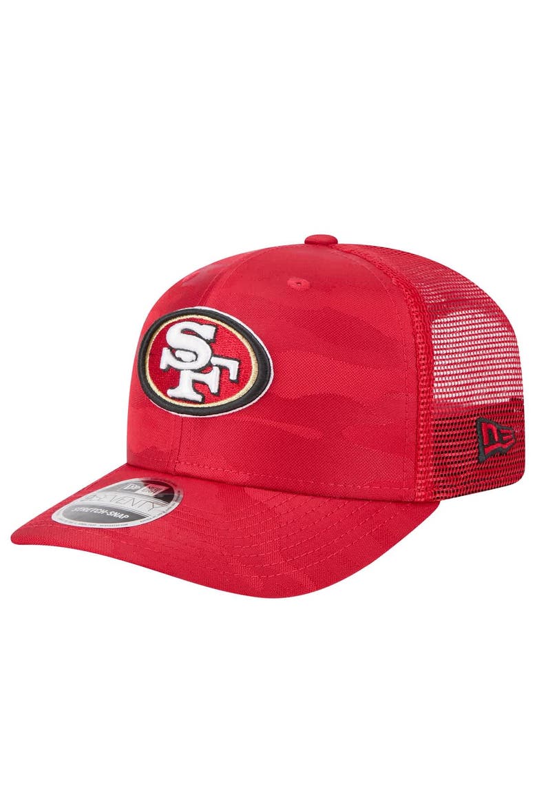 Men's New Era Scarlet San Francisco 49ers Adventure Camo Trucker 9SEVENTY Stretch-Snap Adjustable Hat, Main, color, Scarlet