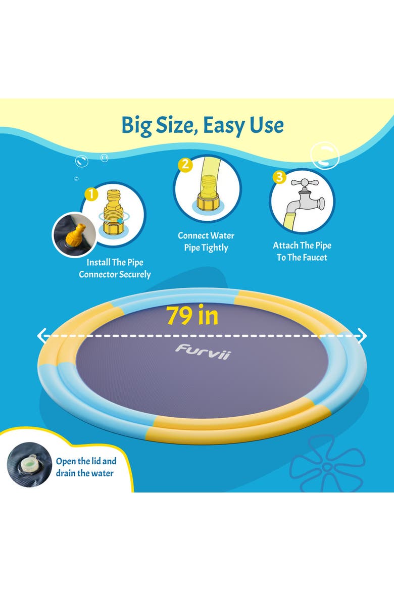 79 Inch Non-Slip Family Splash Pad, 0.43mm Thick BPA Free Sturdy Sprinkler Water Play Mat for Kids Toddlers Dogs Backyard Summer Outdoor Water Toy, Alternate, color, Blue