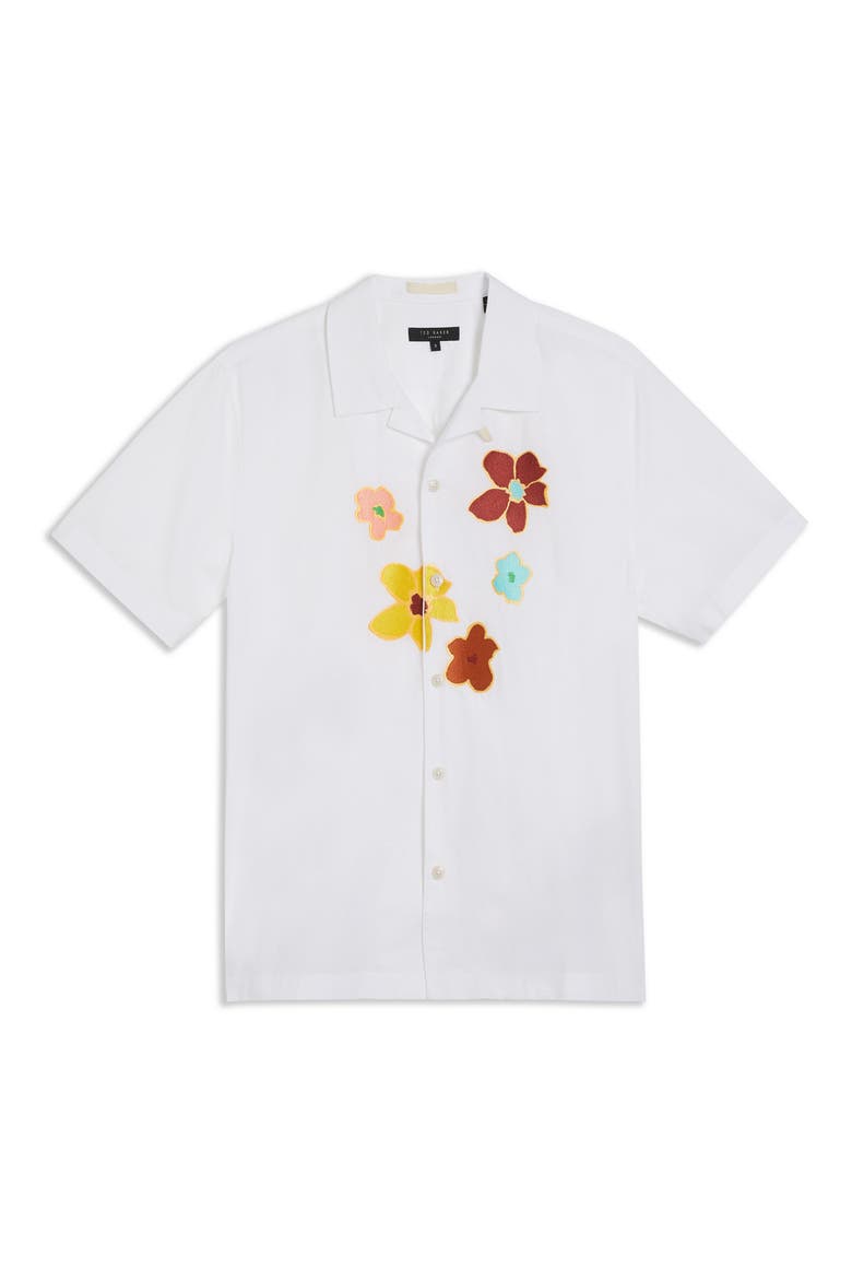 Walmond Floral Appliqué Short Sleeve Cotton Button-Up Camp Shirt, Alternate, color, WHITE