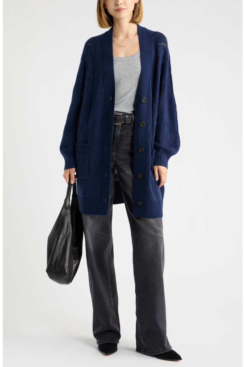 Pointelle Wool & Cashmere Cardigan, Alternate, color, NAVY STILL