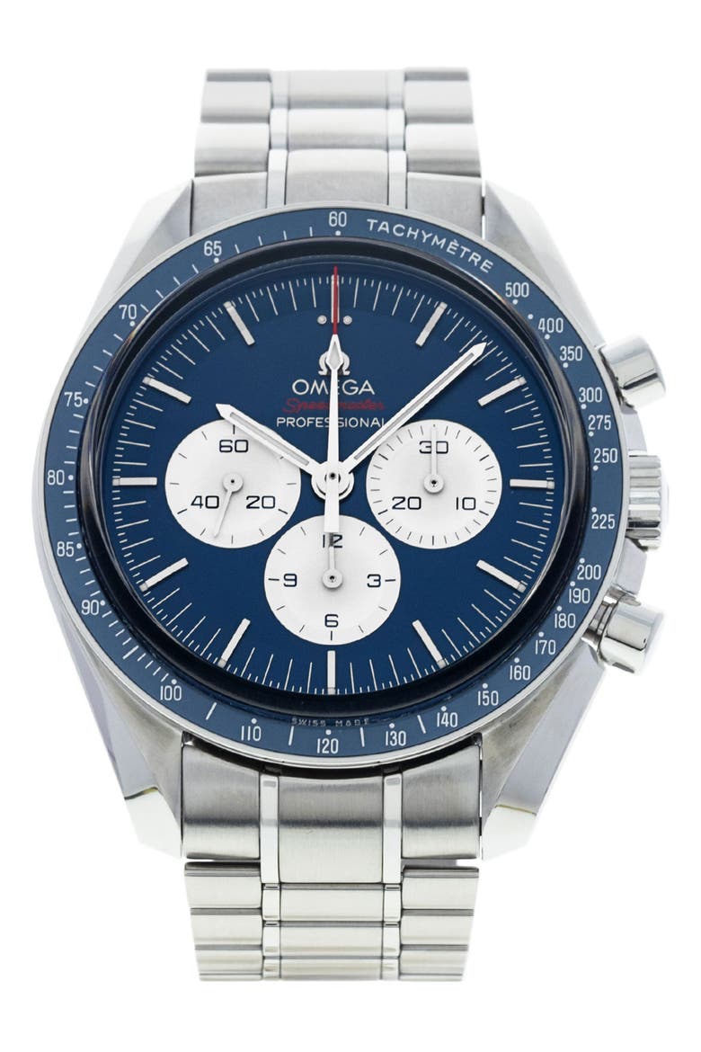 Omega Preowned 2019 Speedmaster Moonwatch Bracelet Chronograph Watch, 42mm, Main, color, BLUE