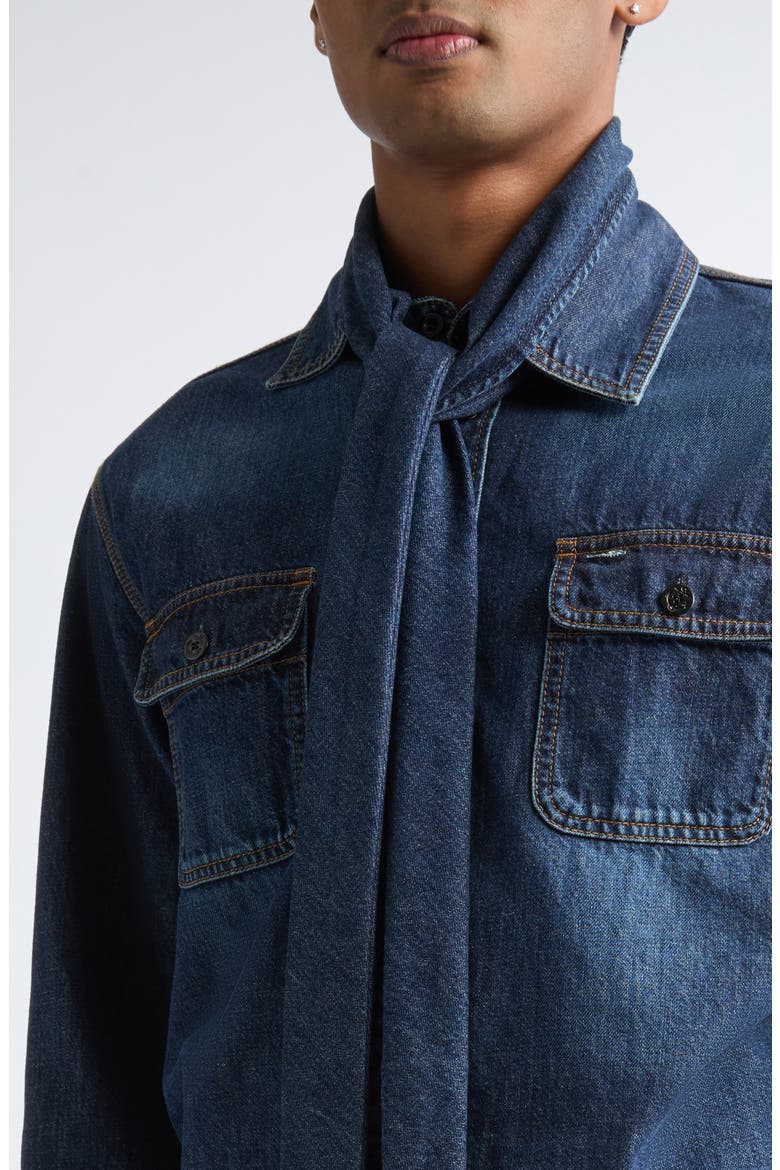 Tie Neck Denim Button-Up Shirt, Alternate, color, BLUE