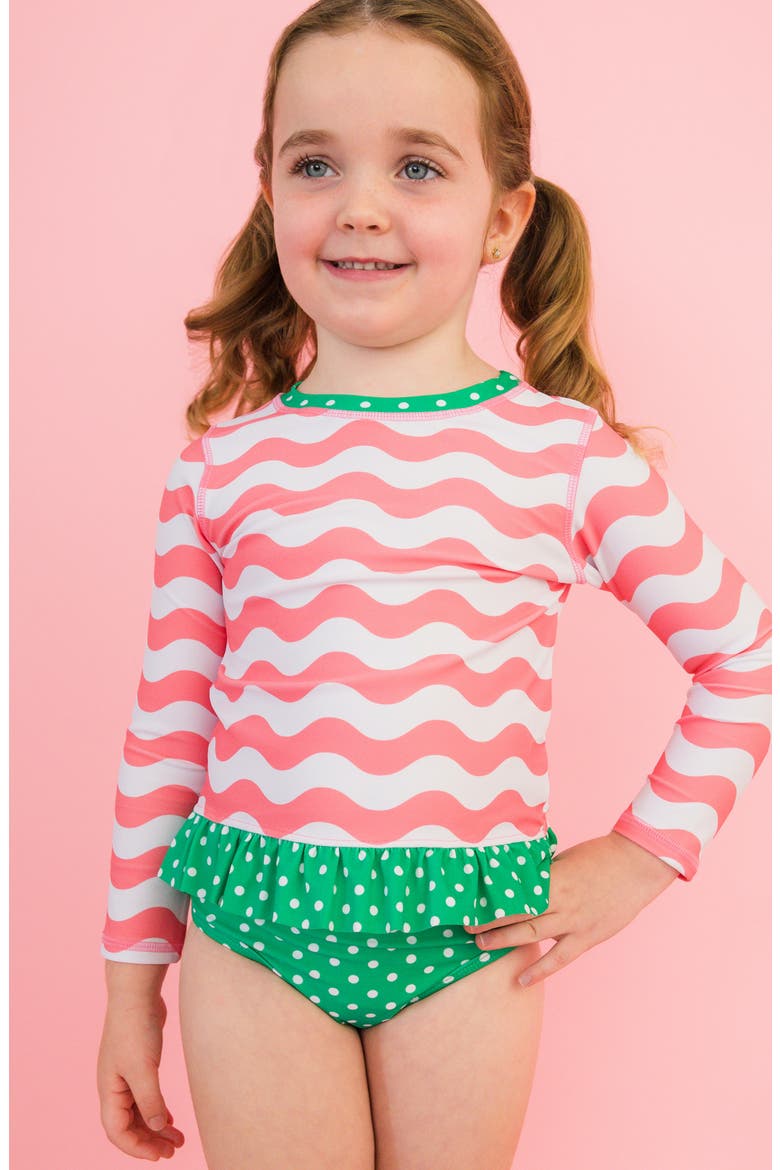 Kids' Bubblegum Wavy Stripe Long Sleeve Peplum UPF 50+ Two-Piece Rashguard Swimsuit, Alternate, color, PINK