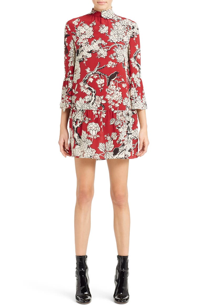 'Enchanted' Floral Print Stretch Silk Dress, Main, color, DEEP RED