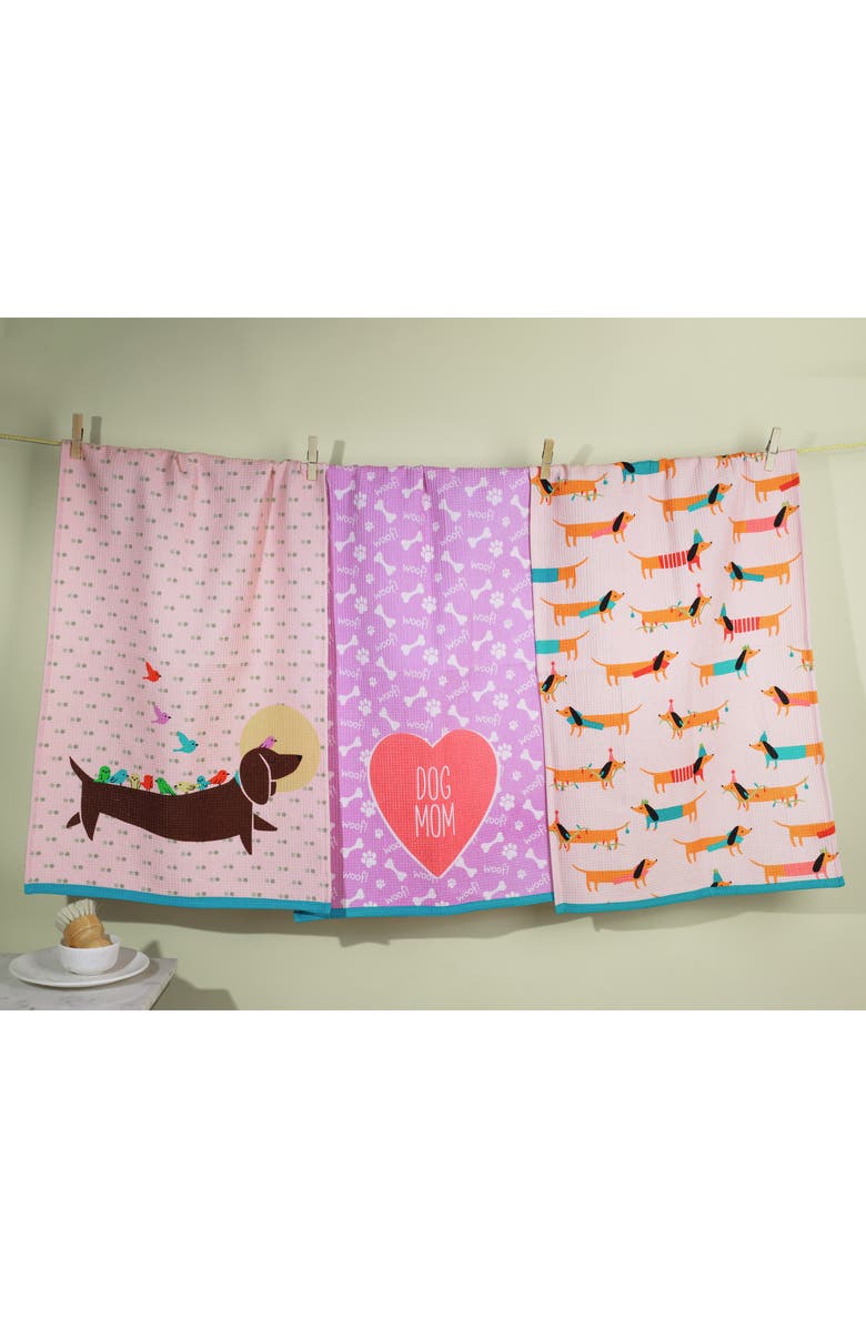 Tiramisu Set of Three Whimsical Dachshund Towels, Alternate, color, Blush/ Teal/ Chocolate