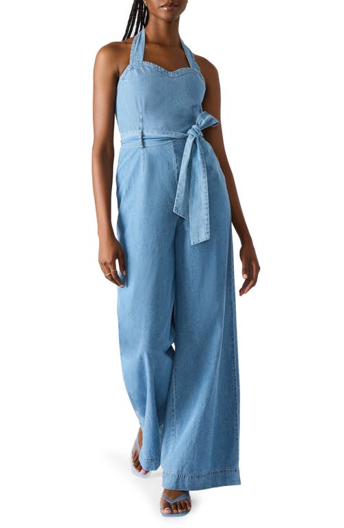 Steve Madden Artie Halter Neck Denim Jumpsuit In Bijou Blue