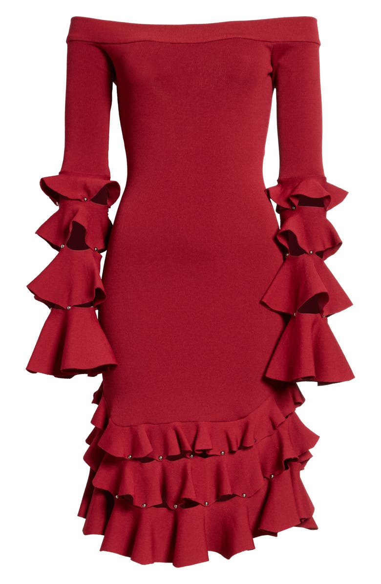 Simkhai Jonathan Simkhai Slashed Knit Ruffle Off the Shoulder Dress, Alternate, color, 