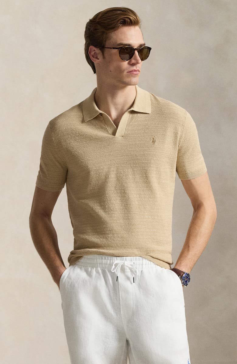 Polo Ralph Lauren Textured Seed Stitch Cotton & Linen Polo, Alternate, color, Dune Tan/ Deckwash White