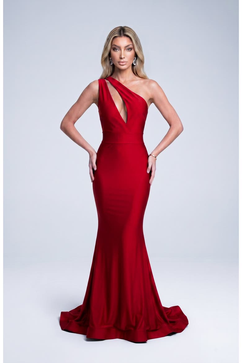 Asymmetrical Cutout Mermaid Evening Gown, Main, color, Red