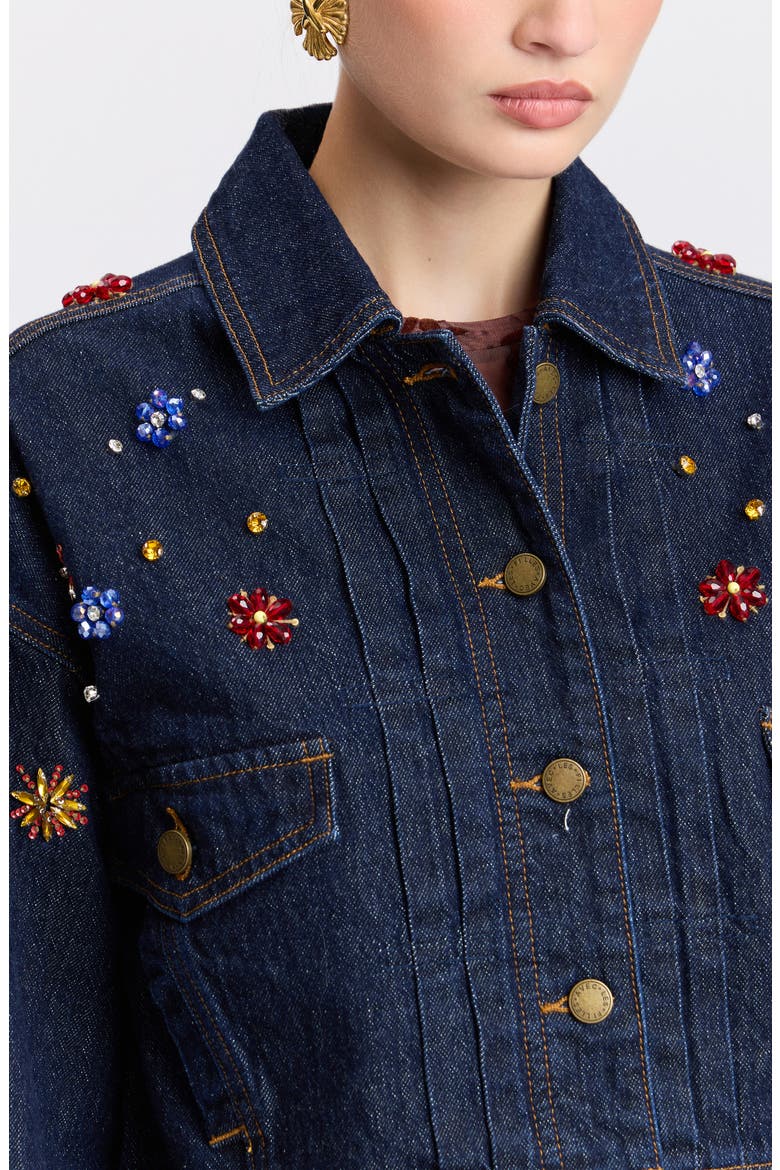 Crystal Embellished Crop Denim Trucker Jacket, Alternate, color, MULTI GEM-DARK RINSE