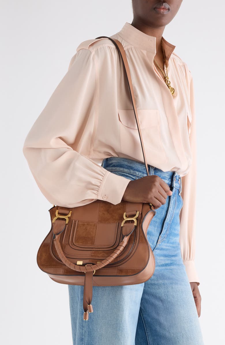 Chloé Marcie Leather & Suede Patchwork Satchel, Alternate, color, Dusty Tan