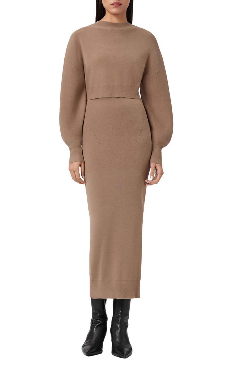 AllSaints Dina Blouson Sleeve Sweater & Knit Midi Dress Set, Main, color, Pine Bark Brown