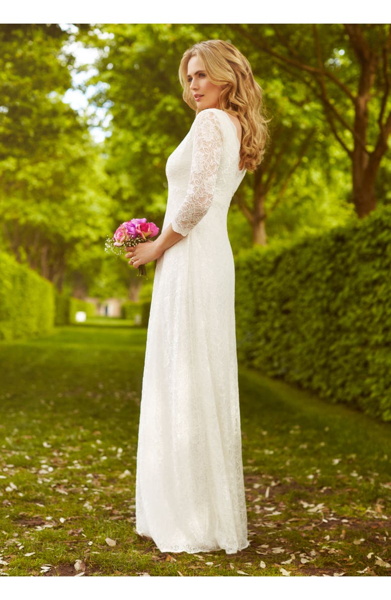 Alie Street London Anya 3/4 Sleeve V-Neck Lace Bridal Gown, Alternate, color, Ivory