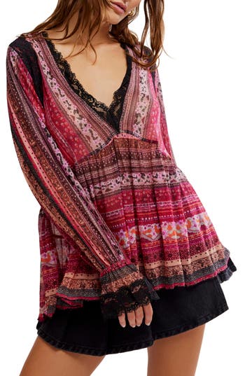 Free People Natalie Print Lace Long Sleeve Minidress In Plum Combo