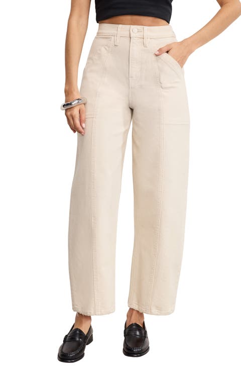 Cotton Blend Canvas Crop Barrel Leg Pants