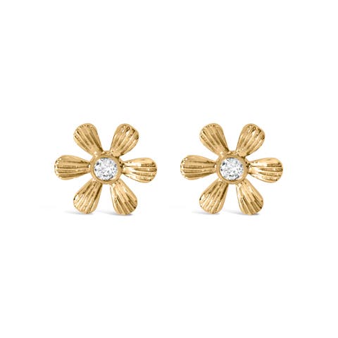10K Yellow Gold Bezel Diamond Accent Hammered Finish Floral Stud Earrings