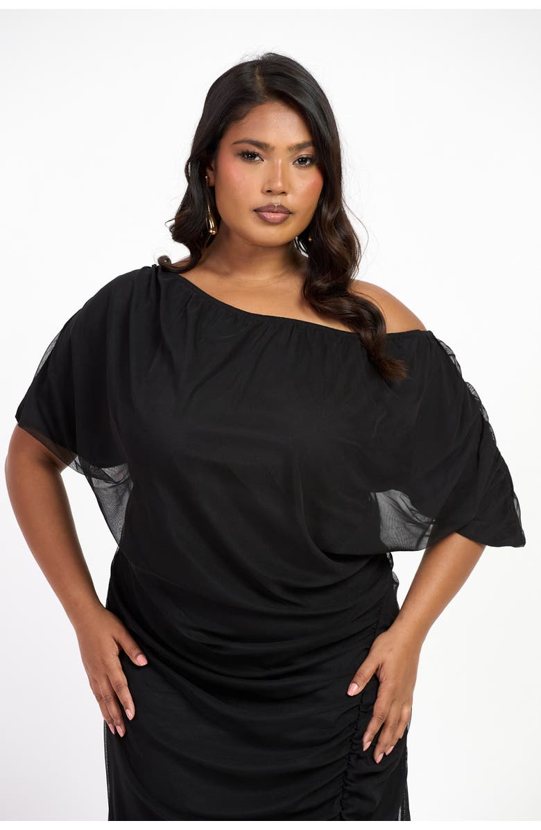 FASHION-SZN CURVE Drop Shoulder Ruched Mesh Midaxi Dress, Alternate, color, Black
