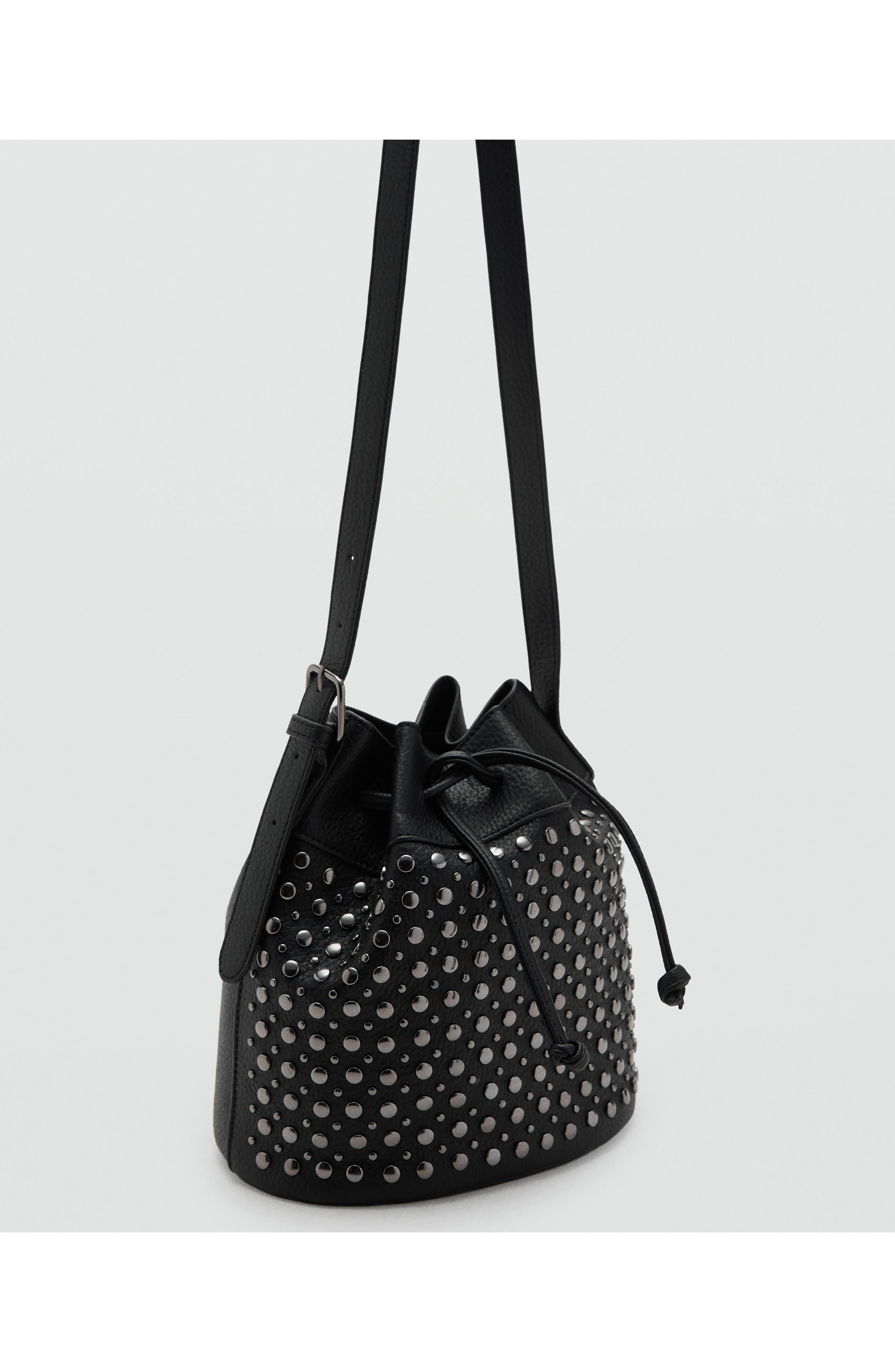 MANGO TEEN Stud Faux Leather Bucket Bag, Main, color, Black
