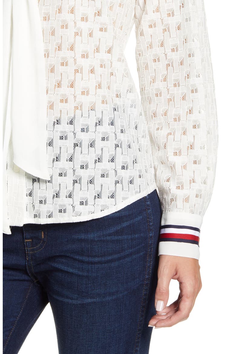 Tie Front Lace Button Up Top, Alternate, color, BRIGHT WHITE