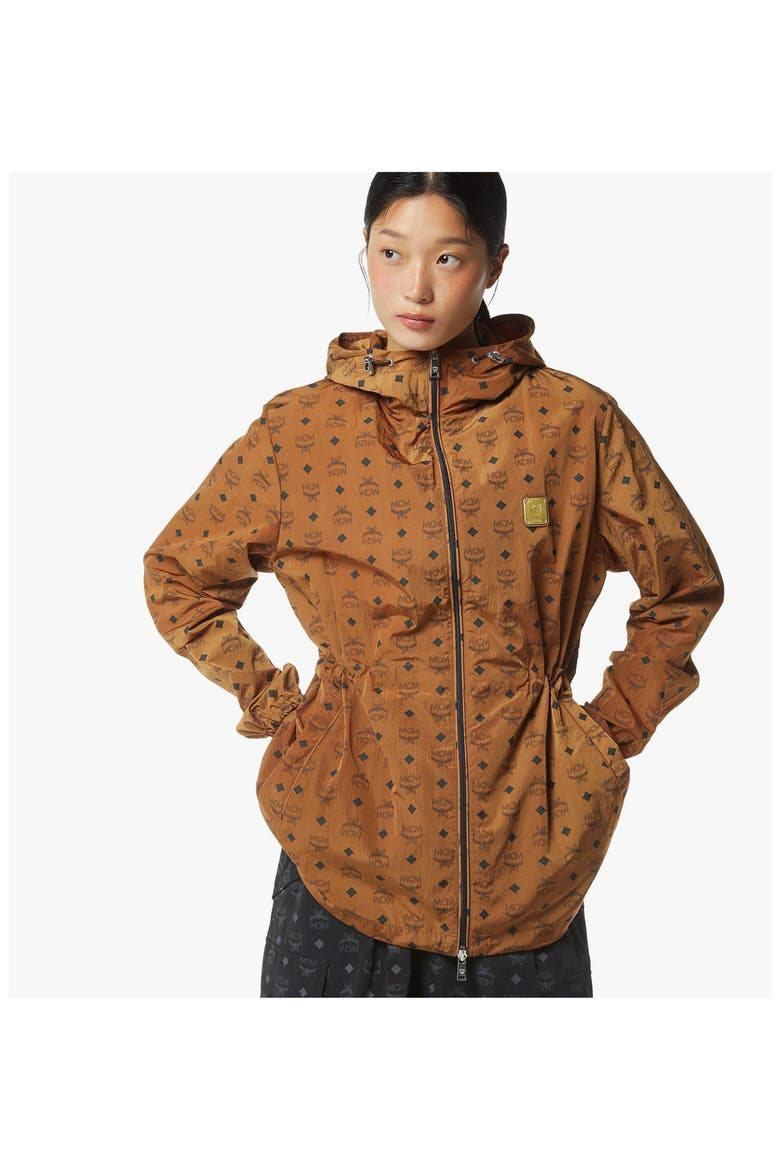 Monogram Print Hooded Windbreaker in Recycled Nylon, Alternate, color, Cognac