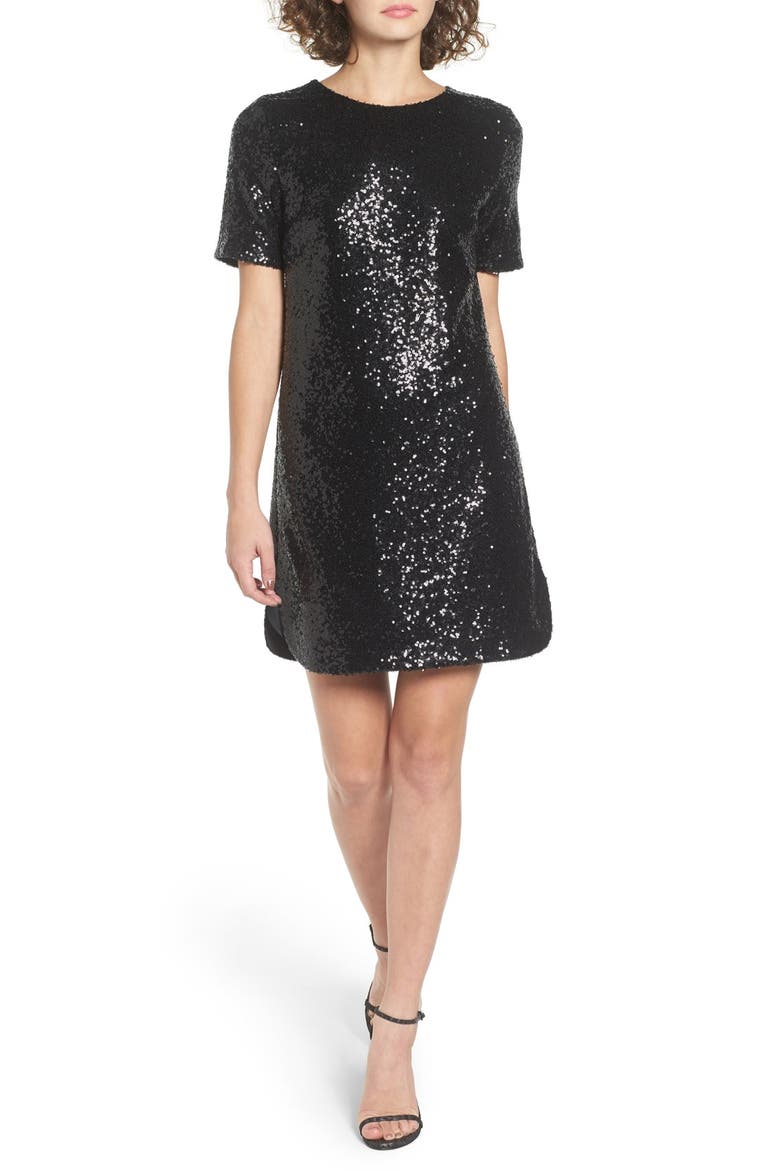 Sequin T-Shirt Dress, Main, color, BLACK