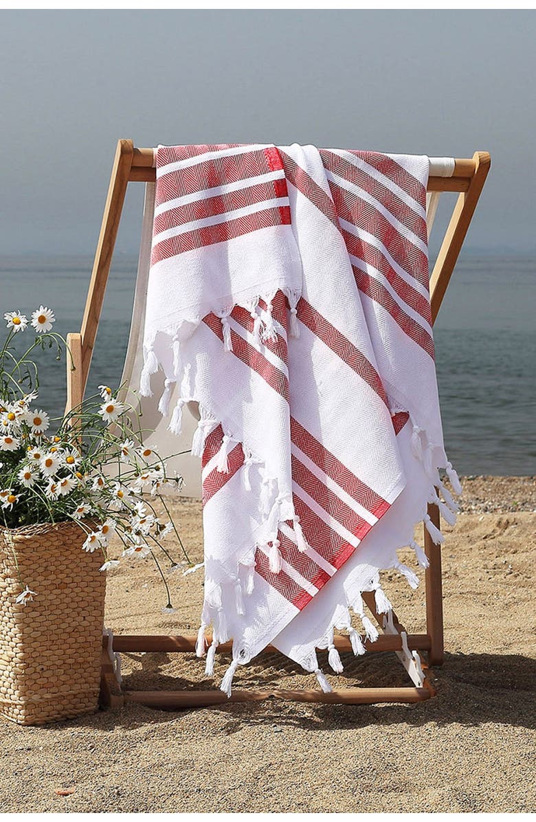 Linum Home Textiles 100% Turkish Cotton Herringbone Pestemal Beach Towel - Red & White, Alternate, color,