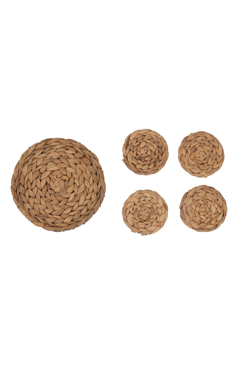 Storied Home Hand-Woven Water Hyacinth Trivet and 4" Round Coasters, Set of 5, Main, color, Natural