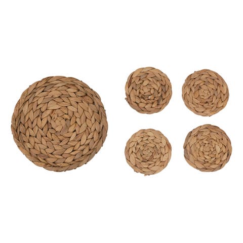 Hand-Woven Water Hyacinth Trivet and 4" Round Coasters, Set of 5