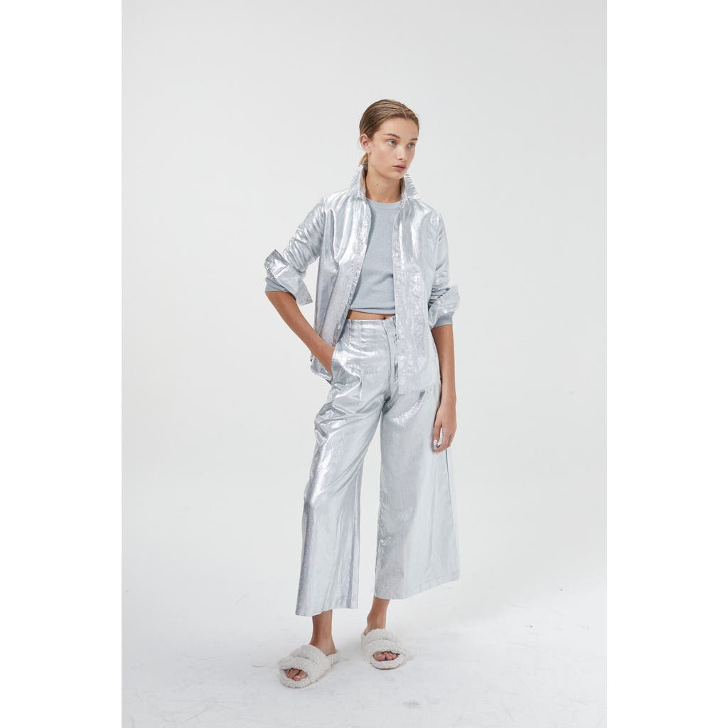 Lanhtropy Culotte Metallic Linen Pant In Silver