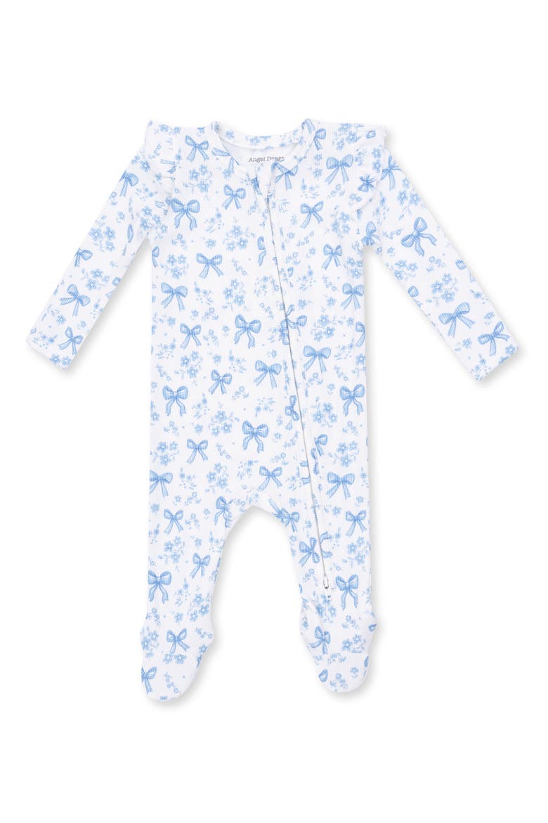 Bows & Flowers Two Way Zip Footie, Main, color, OFF WHITE BLUE