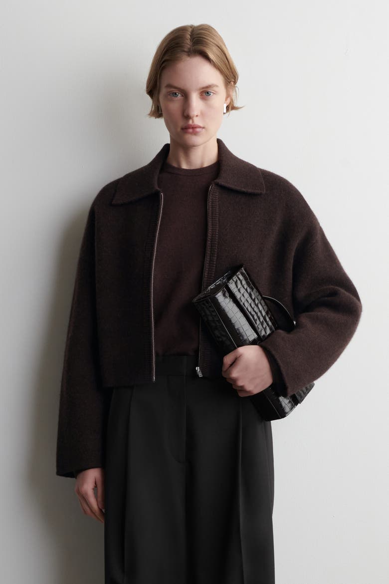 Cropped Knitted Merino Wool Jacket, Main, color, DARK-BROWN MÉLANGE