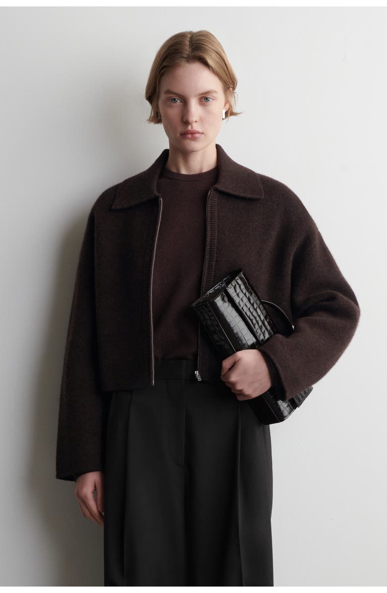 COS Cropped Knitted Merino Wool Jacket, Main, color, Dark-Brown Mélange
